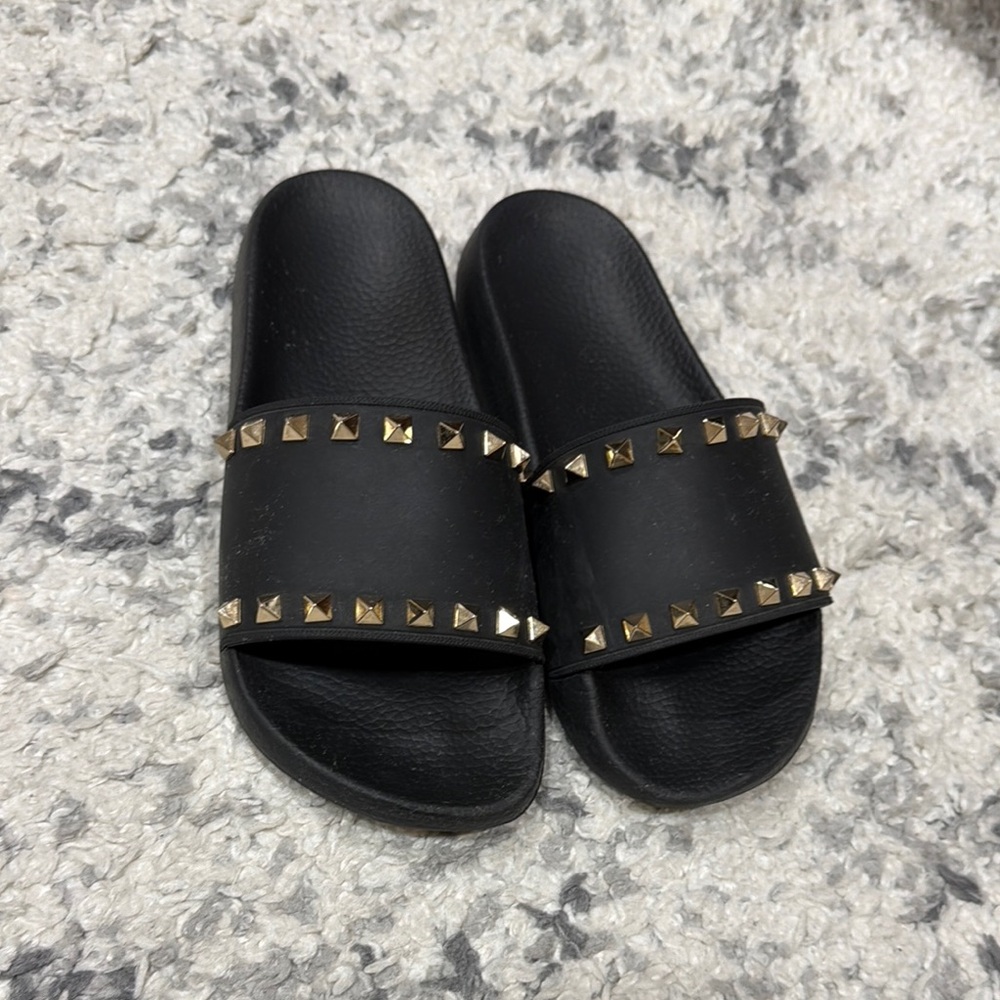 Valentino Black and Gold Studded Slides